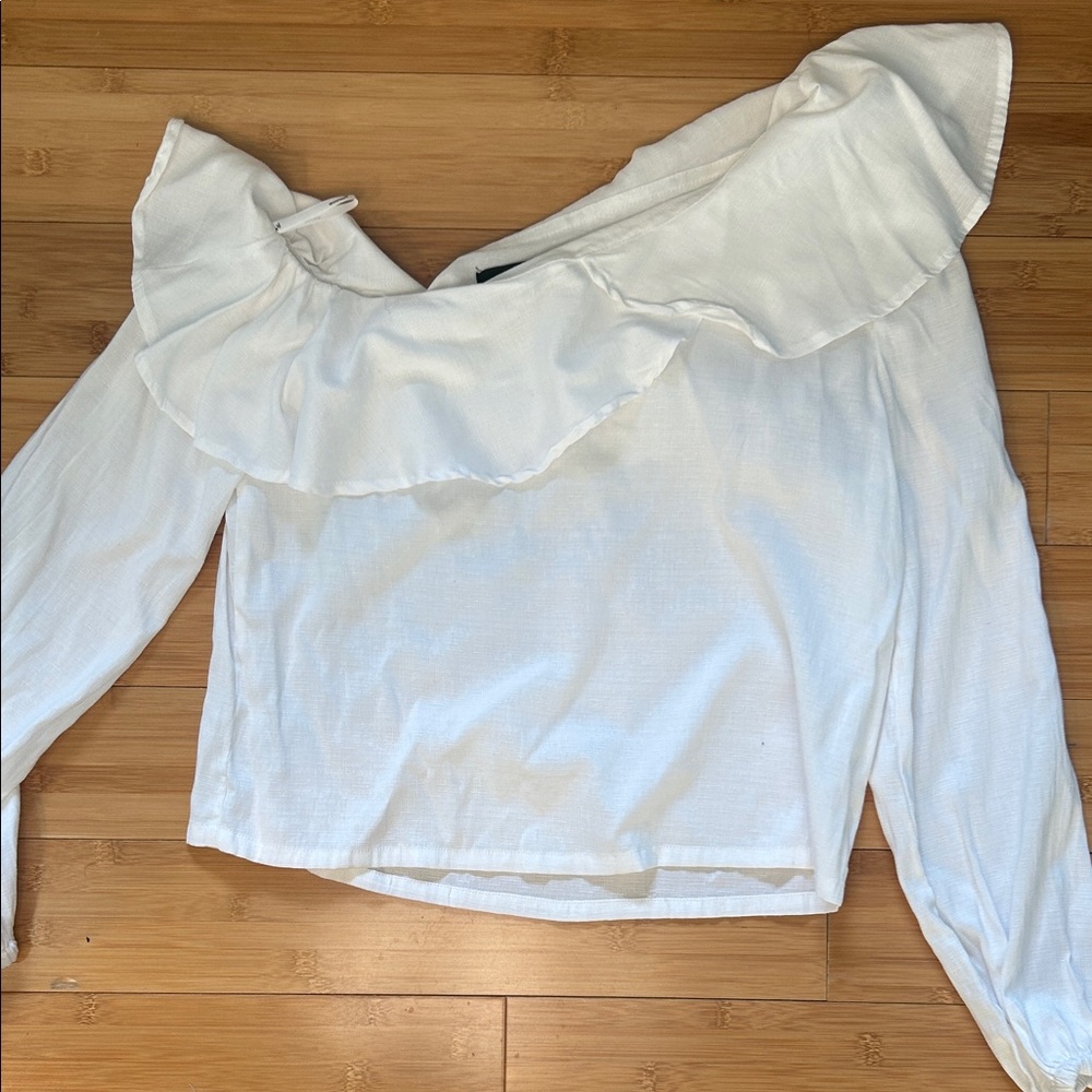 Mink Pink White One-Shoulder Ruffle Long-Sleeve Top